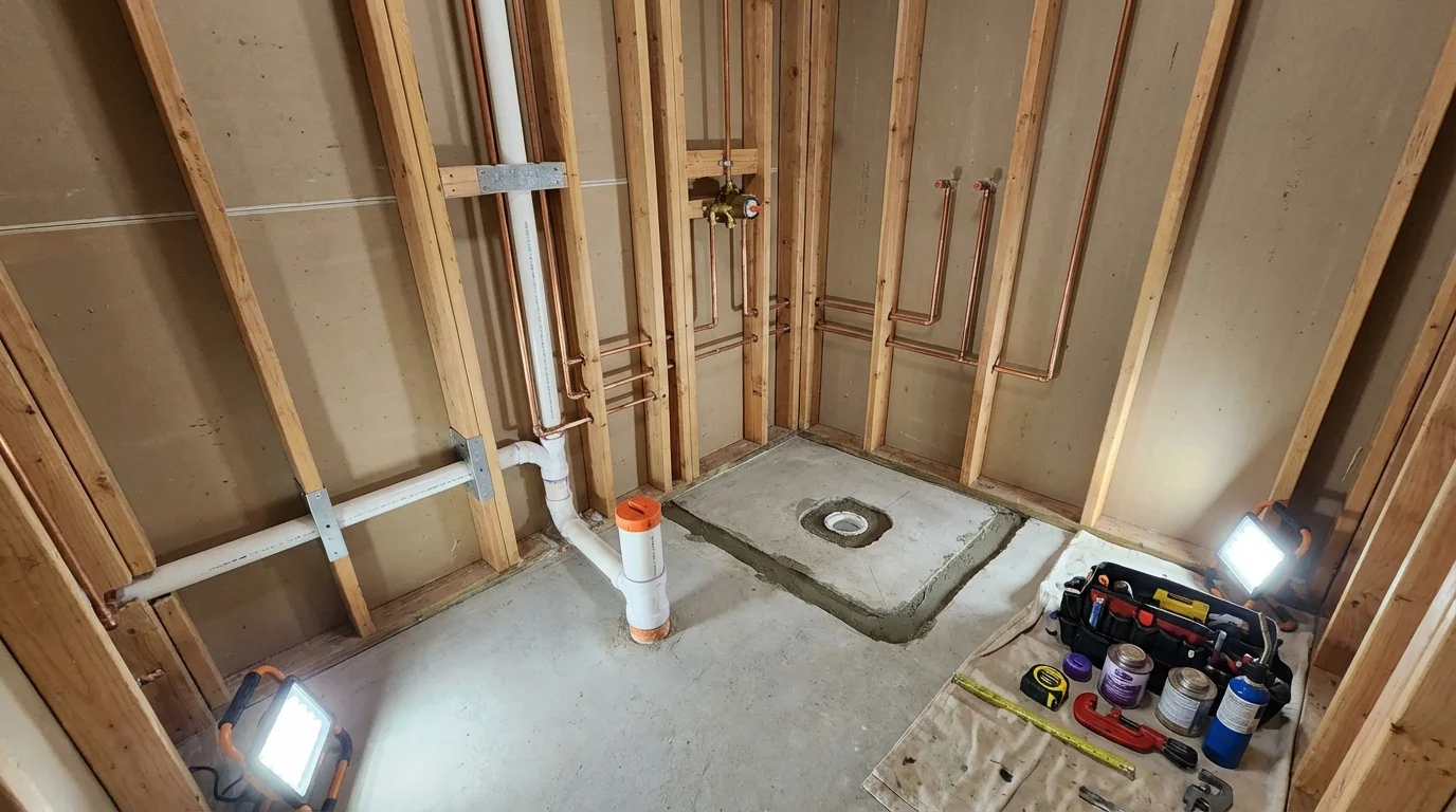 Bathroom rough-in plumbing during remodel by Johns Plumbing LLC in Sabana Grande