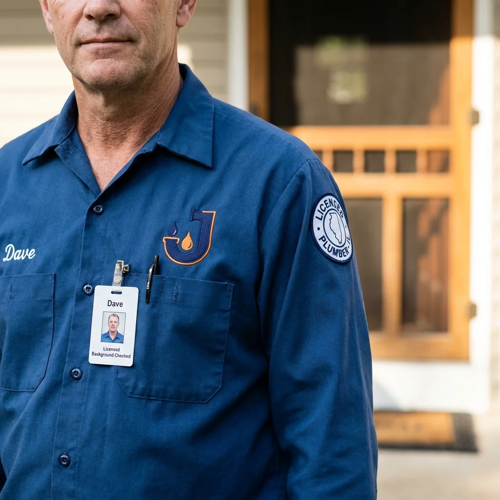 Licensed plumber showing ID badge in Sabana Grande, PR