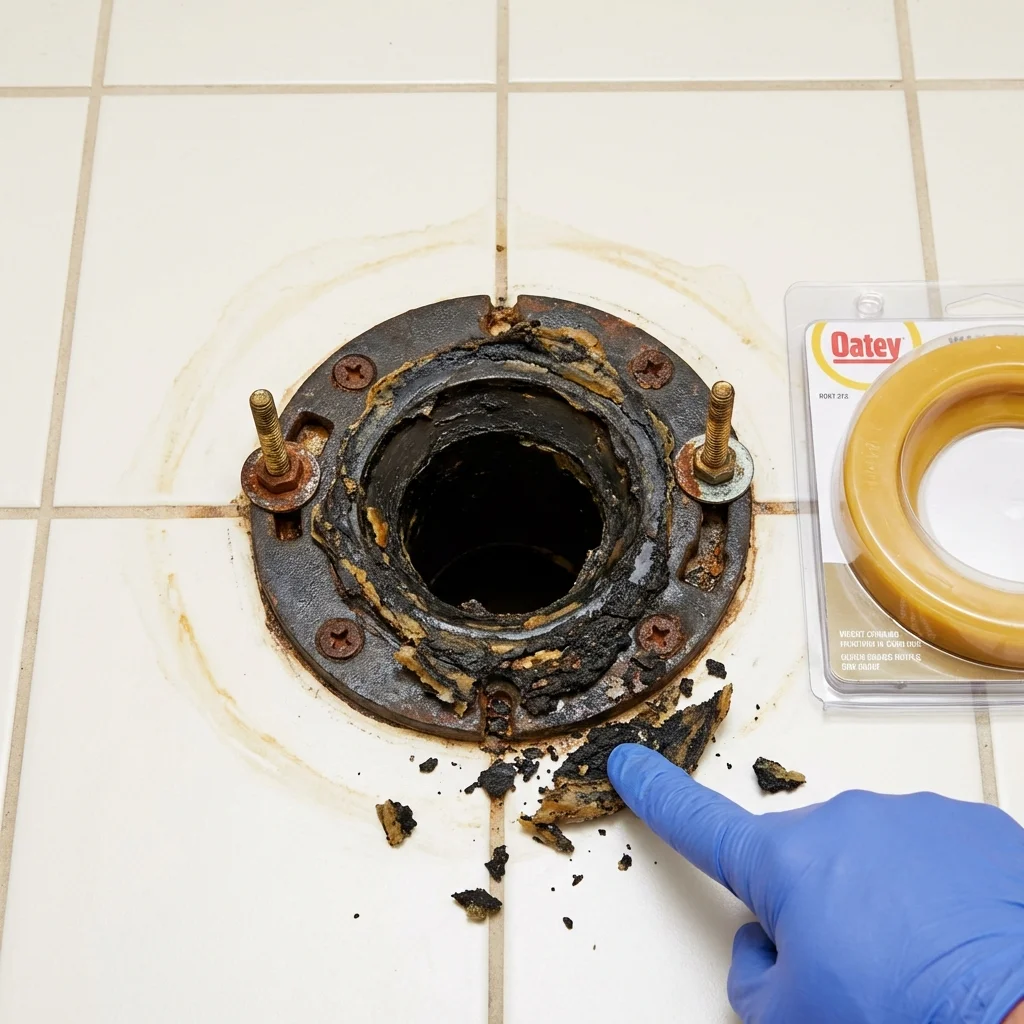 Failed wax ring showing water seepage at the base of a toilet in a Sabana Grande, PR home