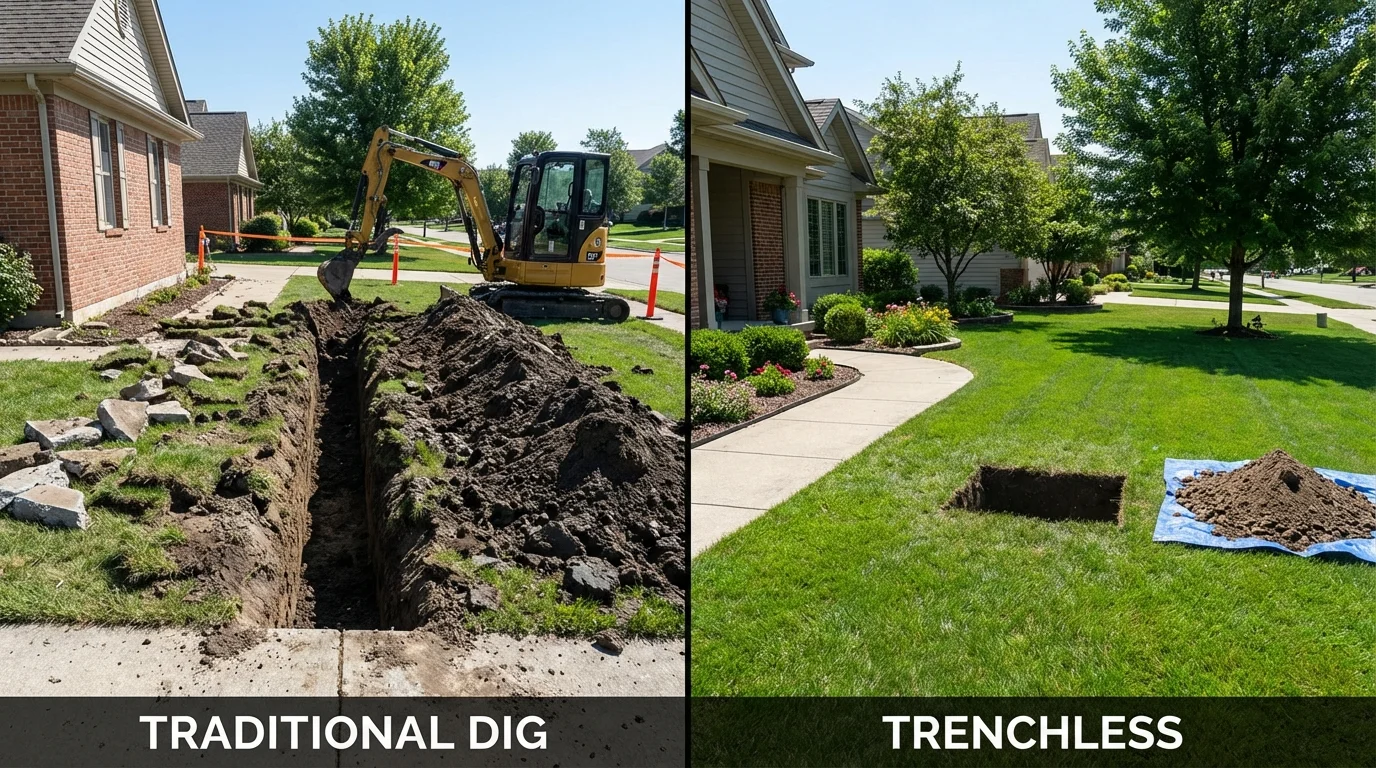 Trenchless sewer repair with minimal yard damage versus traditional excavation in Sabana Grande, PR