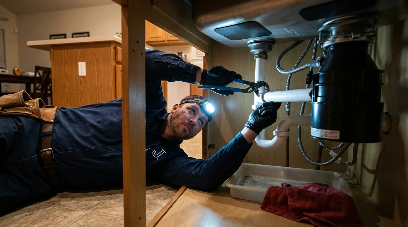 P-trap and supply line connections under a kitchen sink showing a common leak point in Sabana Grande, PR